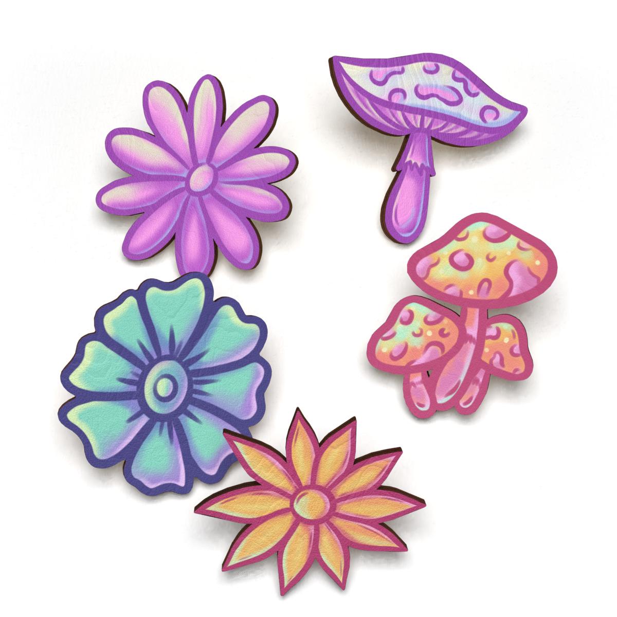 Набор значков Lex Altern Волшебные грибы/цветы из дерева 5 шт.