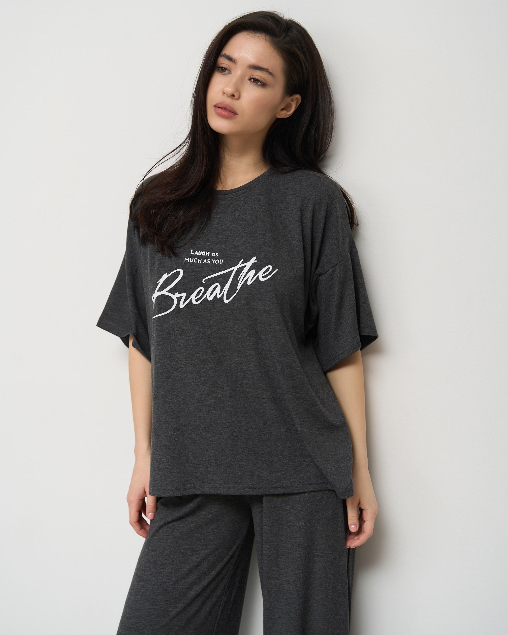 Пижама брюки широкие и футболка Breathe S Темно-серый (99073) - фото 2 Пижама брюки широкие и футболка Breathe S Темно-серый (99073) - фото 2