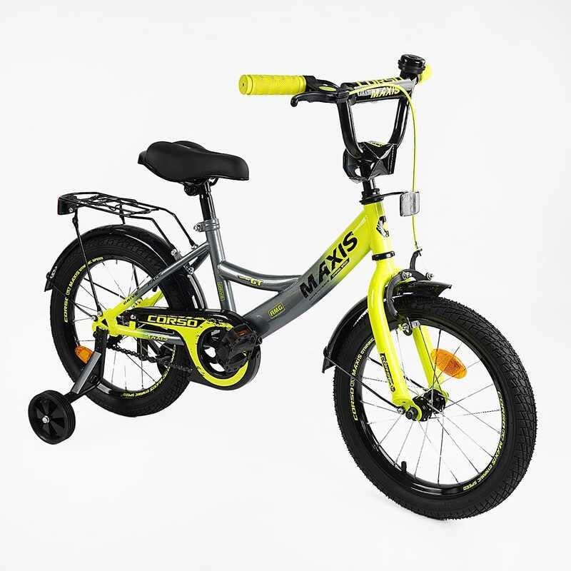 Велосипед Corso MAXIS 20" 2-х колесный ручной тормоз/звонок/дополнительные колеса Yellow (163801)