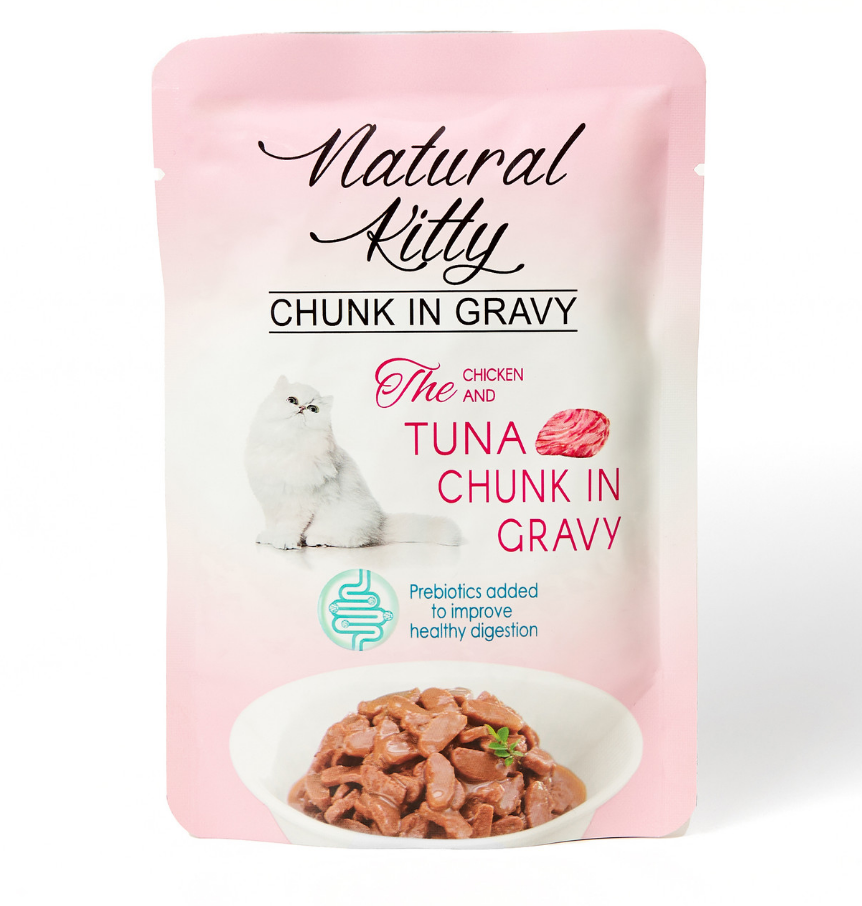 Корм влажный Natural Kitty Chunk in Gravy Chicken and Tuna для кошек в виде кусочков курицы и тунца в соусе 85 г