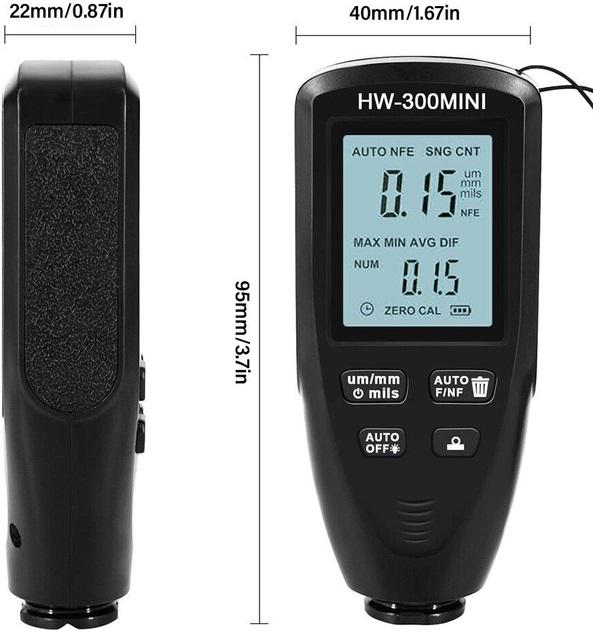 Товщиномір фарби PwrCar HW-300 Mini 0-2000 мкм Fe і Nfe цифровий Чорний (HP050738) - фото 4