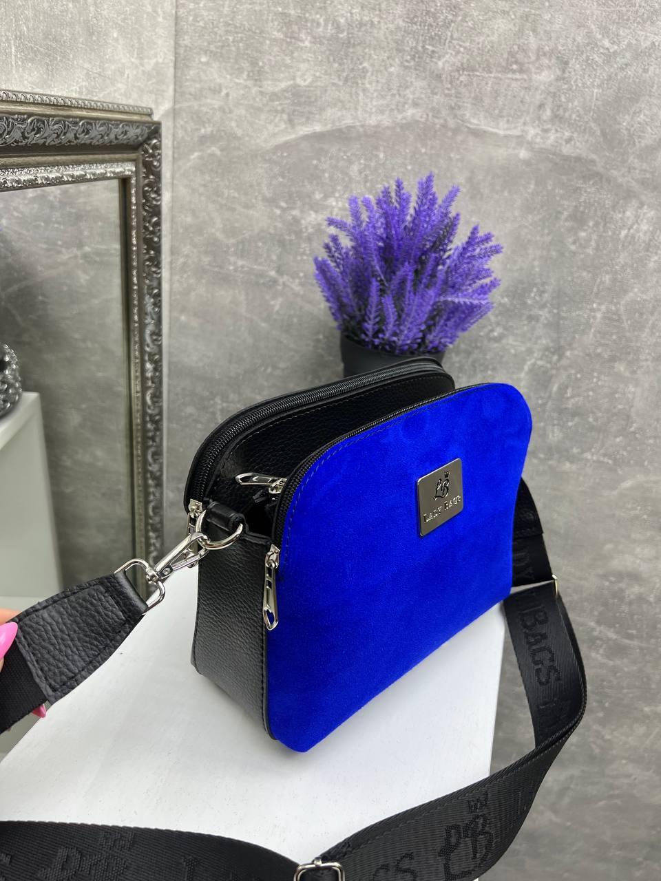 Сумка через плече жіноча сучасна міська екошкіра/натуральна замша 25х19х10 см Чорний із синім - фото 2 Сумка через плече жіноча сучасна міська екошкіра/натуральна замша 25х19х10 см Чорний із синім - фото 2