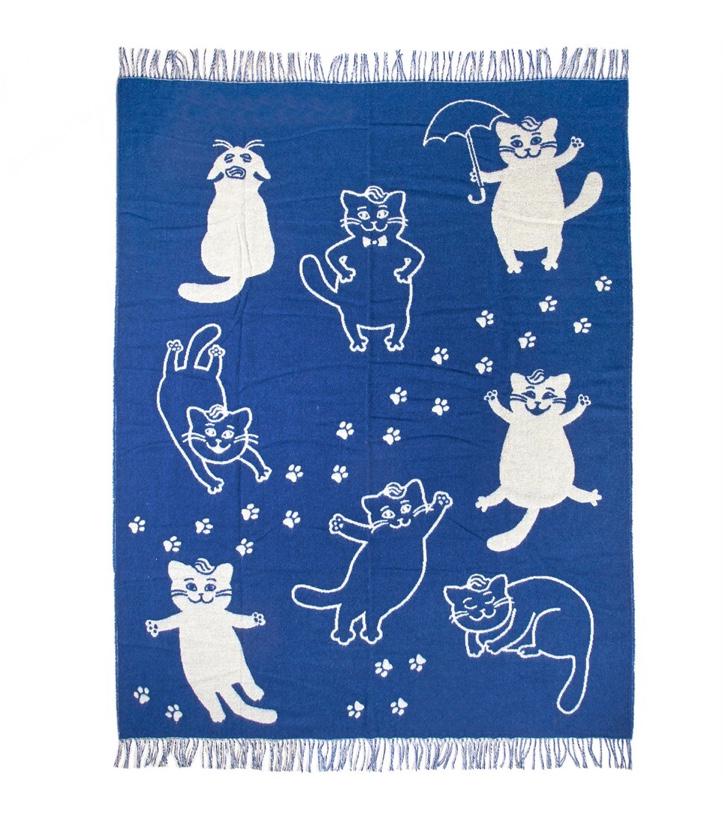 Плед жаккардовый Vladi Cats шерстяной 140х200 см Белый/Синий (1186952395)