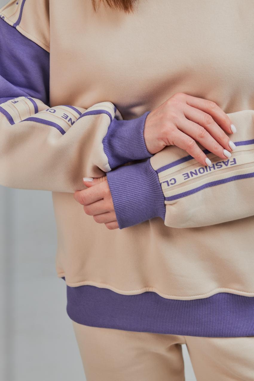 Світшот жіночий з надписом Fashion M Бежевий/Фіолетовий (М145.4) - фото 2