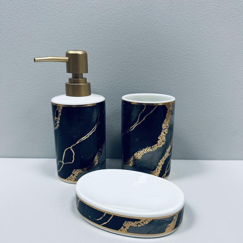 Набор для ванной комнаты дозатор для мыла/стакан для зубных щеток/мыльница Черный мрамор с золотом (2509546440)
