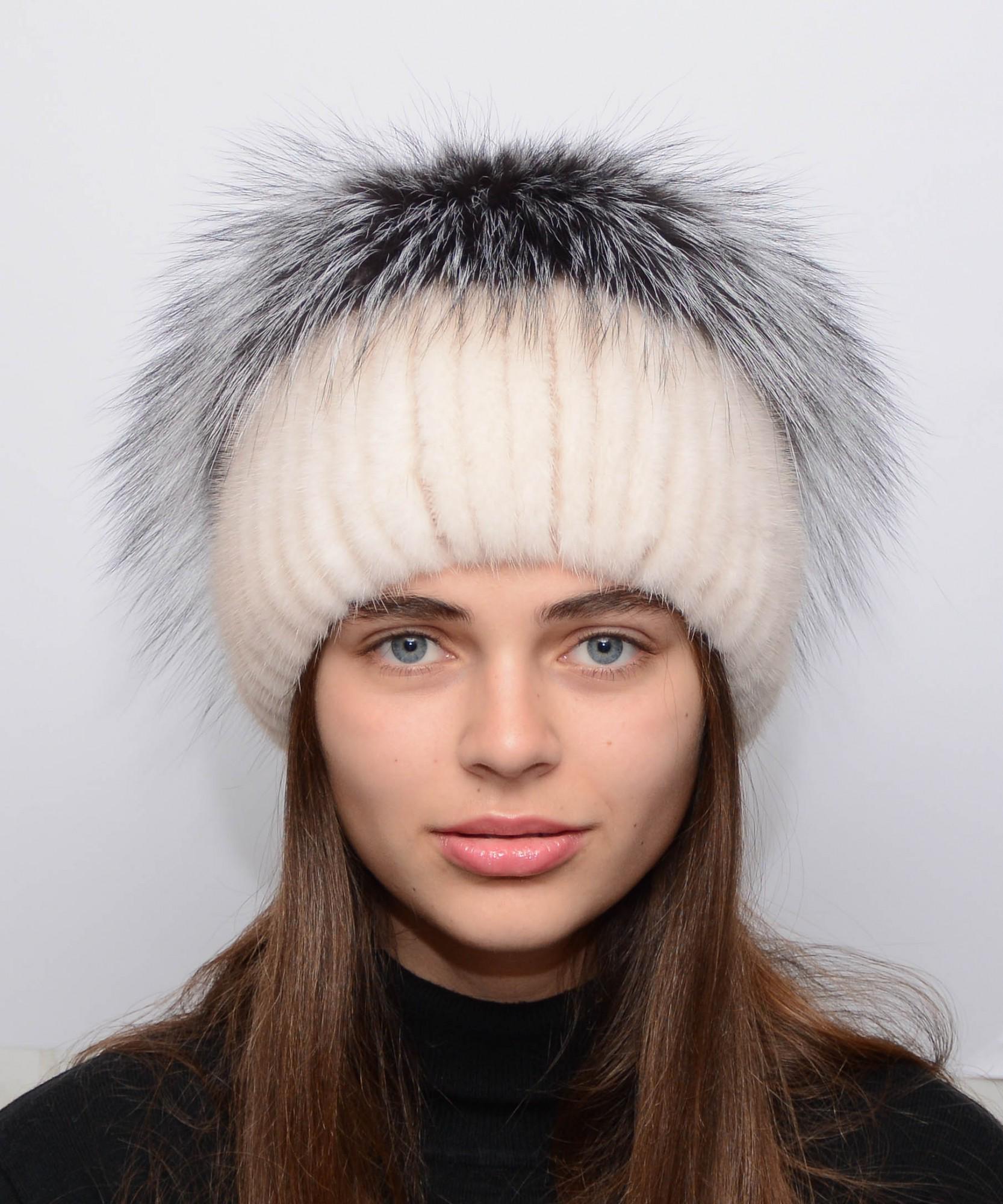 Зимняя шапка Меховой стиль Звездочка из вязаной норки натуральный мех XL-XXL Жемчуг (100/J)