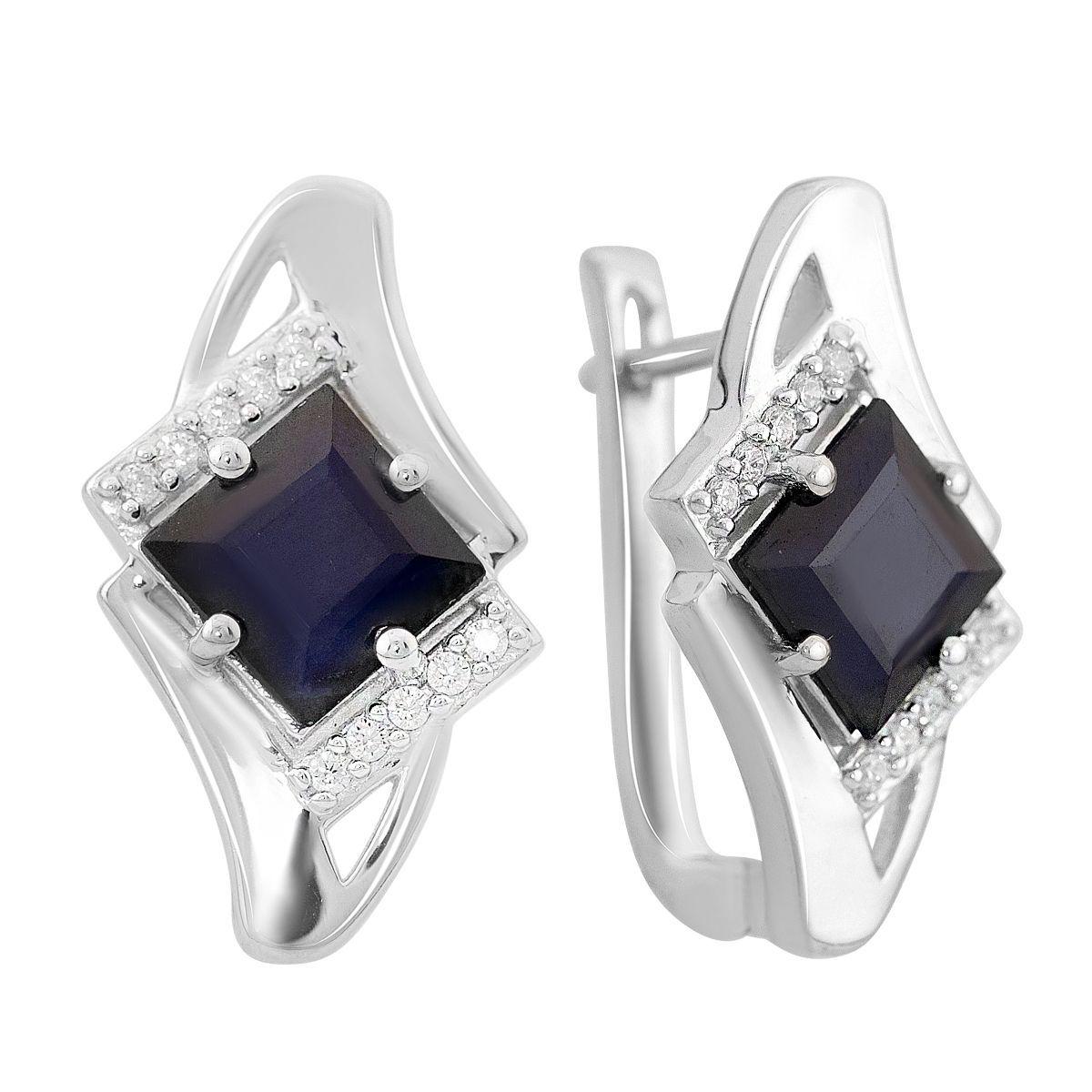 Сережки срібні з квадратним темно-синім сапфіром і фіанітами Сережки срібні з квадратним темно-синім сапфіром і фіанітами