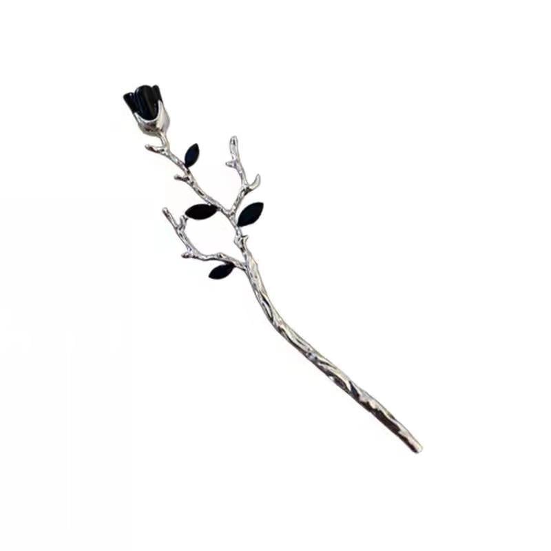 Заколка для волос Серебряная Роза с черным бутоном 17 см (R8113)