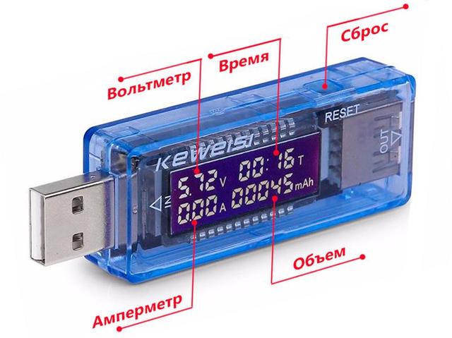 Тестер USB Keweisi амперметр/вольтметр с цифровым дисплеем - фото 3