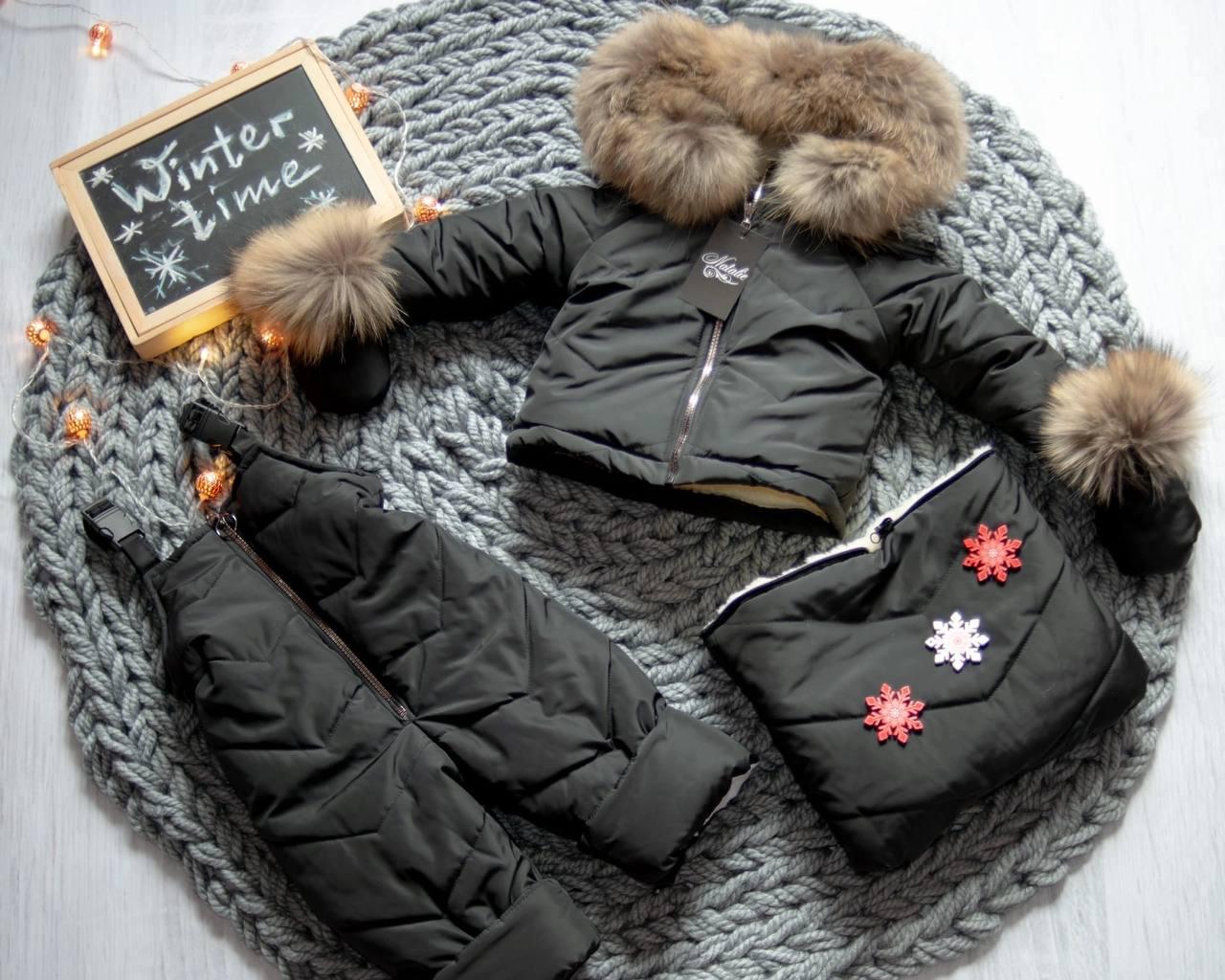 Комбінезон дитячий зимовий трансформер до двох років з натуральним хутром 3в1 Чорний (934)