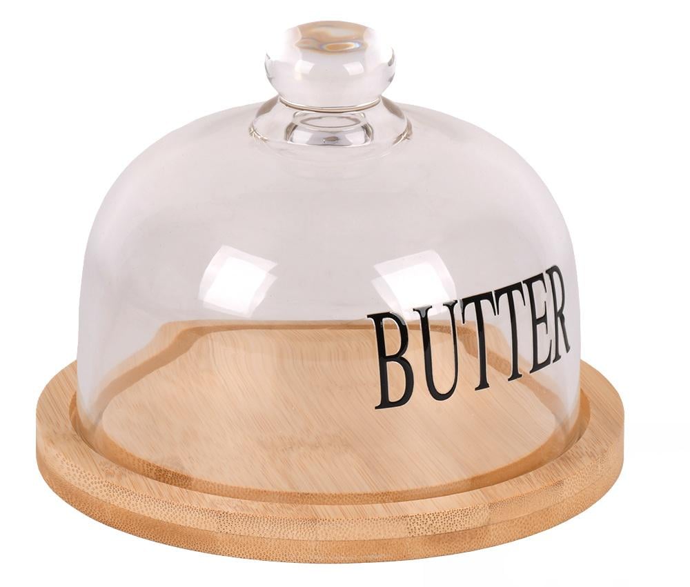 Маслянка Stenson Butter бамбукова зі скляною кришкою 12×15 см (31567)