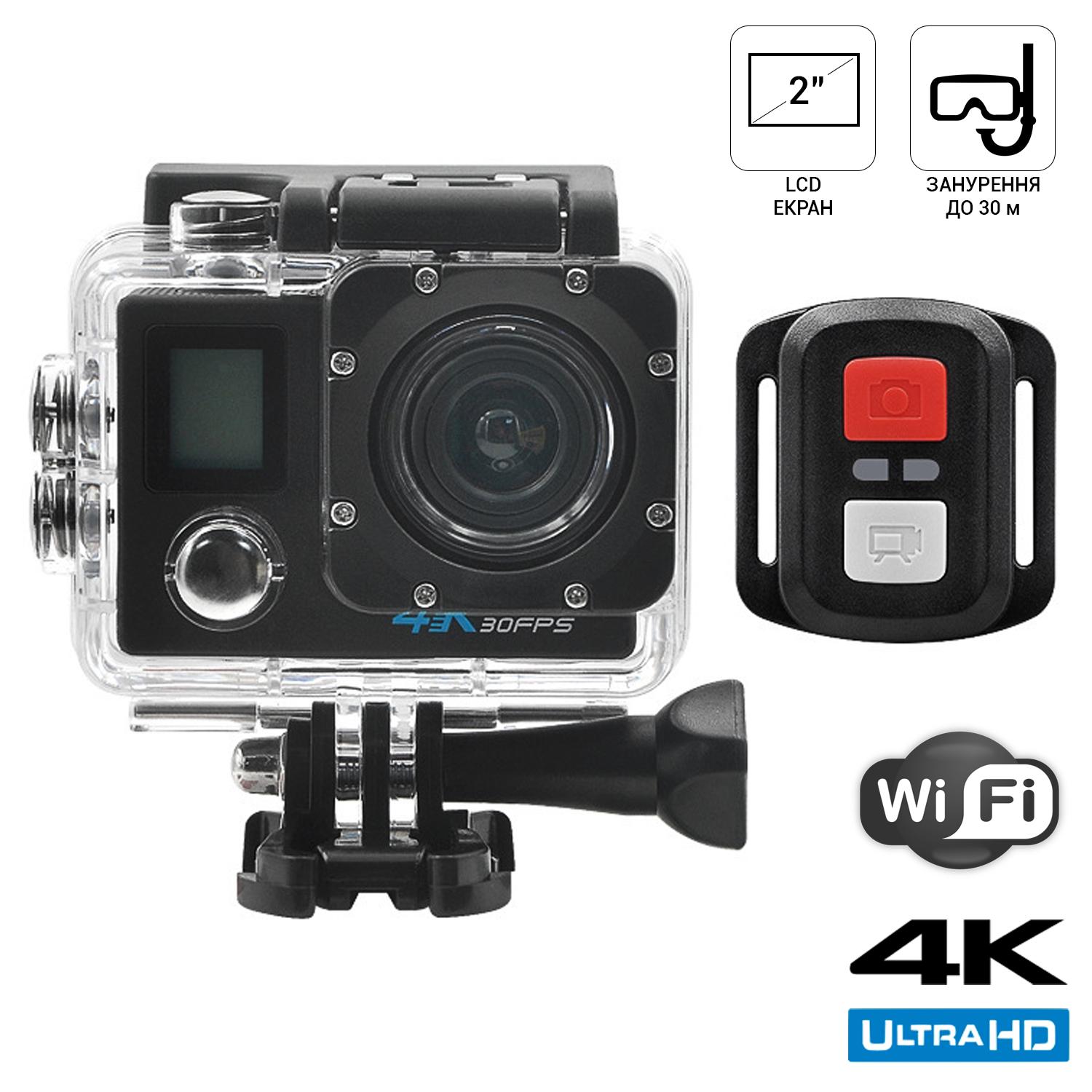 Экшн камера Action Camera A100 Wi-Fi 4K с аквабоксом и набором креплений два экрана Черный + Пульт - фото 2 Экшн камера Action Camera A100 Wi-Fi 4K с аквабоксом и набором креплений два экрана Черный + Пульт - фото 2