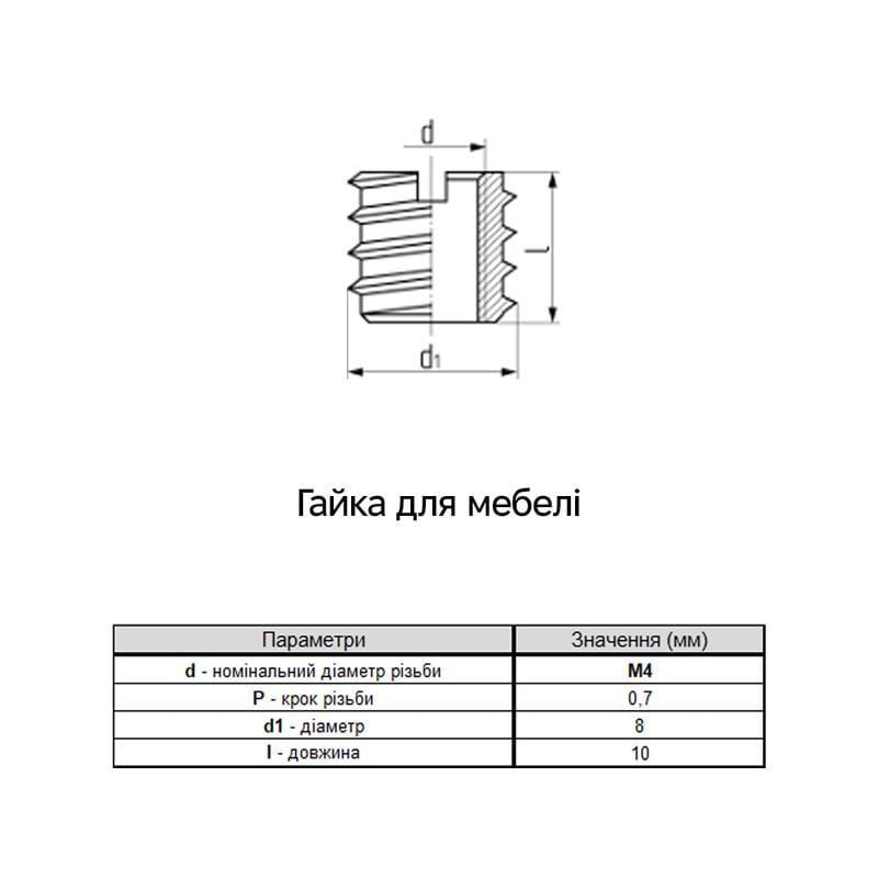 Гайка врізна меблева Metalvis М4 8х10 сталь крок 0,7 під біту SL5.5 цинк 50 шт. Білий (3ME2000003ME401020) - фото 2 Гайка врізна меблева Metalvis М4 8х10 сталь крок 0,7 під біту SL5.5 цинк 50 шт. Білий (3ME2000003ME401020) - фото 2