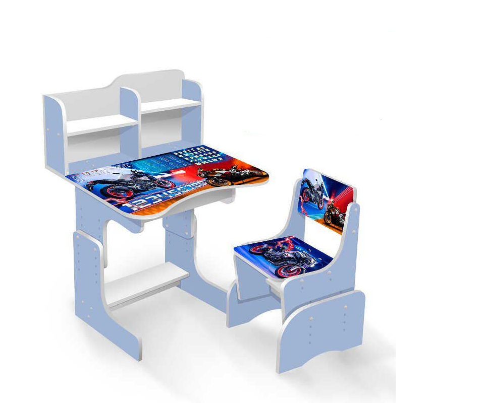 Парта школьная со стульчиком Мотоциклы ЛДСП Голубой (63-75-ПШ 039 1)