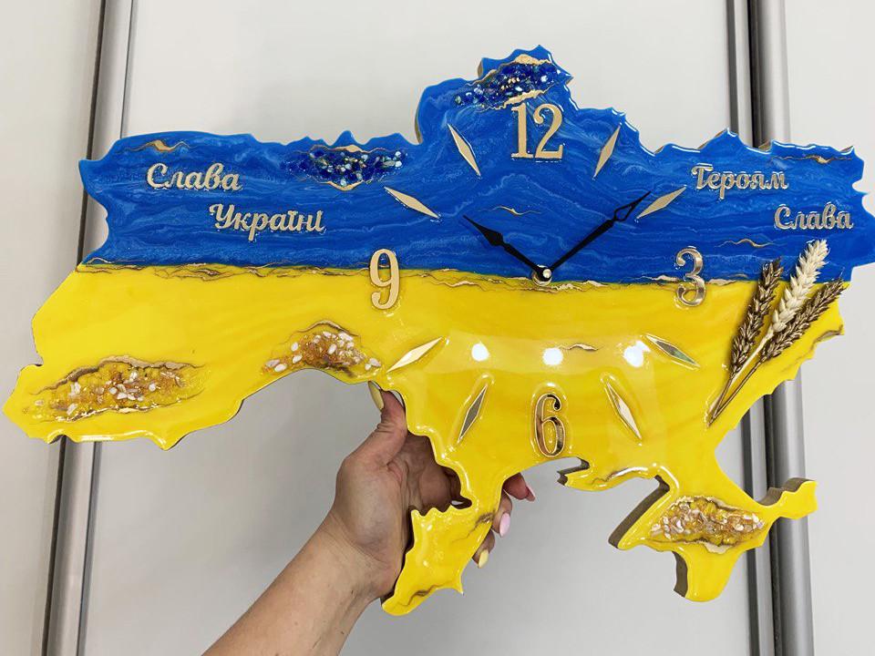 Часы настенные из эпоксидной смолы Карта Украины 60x40 см