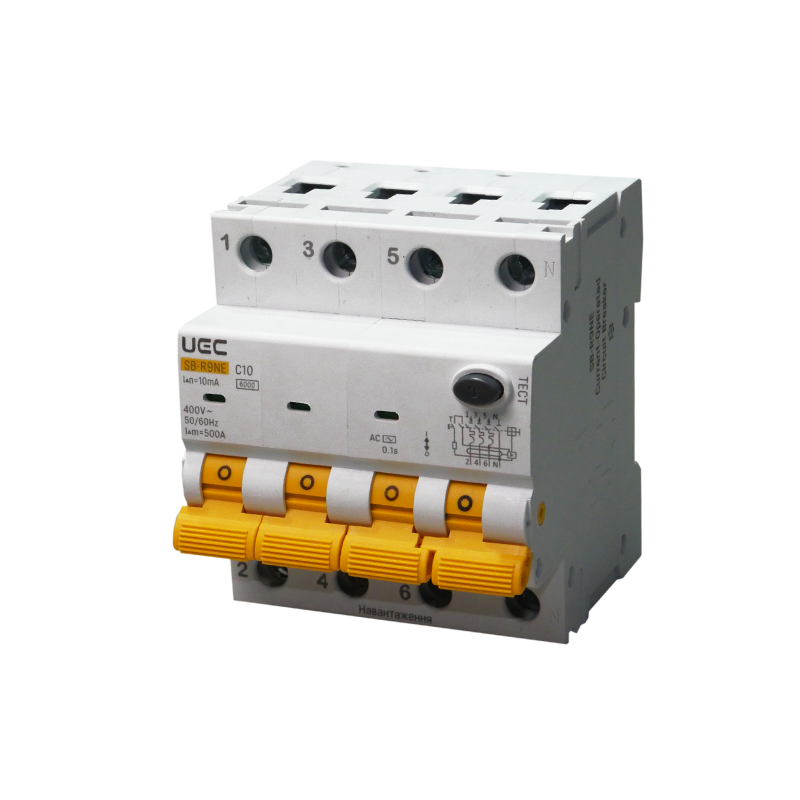 Дифференциальный выключатель UEC SB-R9NE 4P 10А 10мА 6кА тип АС (RCBO60-4-010-C-010-AC) Дифференциальный выключатель UEC SB-R9NE 4P 10А 10мА 6кА тип АС (RCBO60-4-010-C-010-AC)