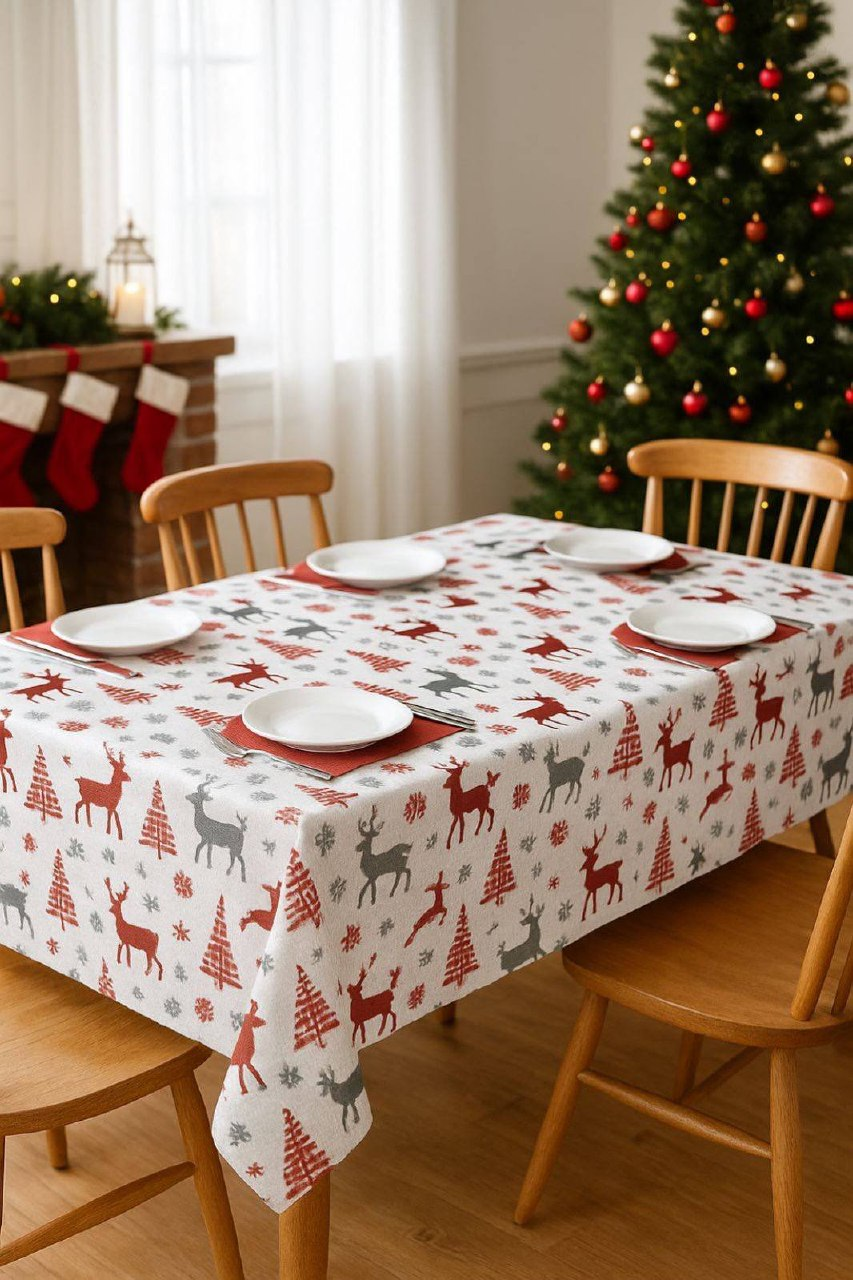 Скатертина льняна 150x220 см Білий із червоним