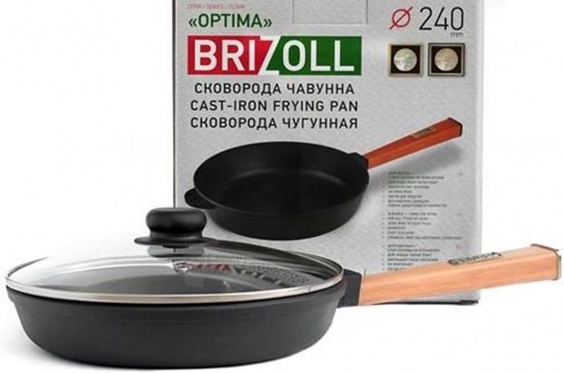 Сковорода Brizoll Optima чугунная с деревянной ручкой и стеклянной крышкой 240х46,5 мм (93-90-O2440-P-C)