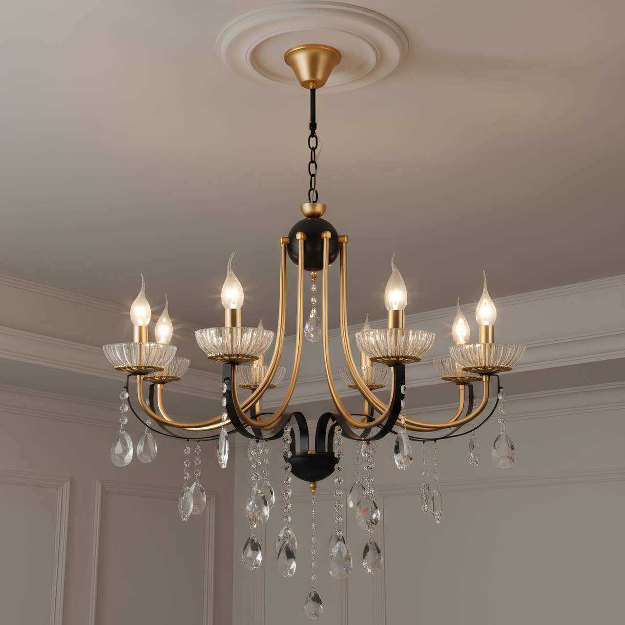 Люстра Sirius с хрустальными подвесами под восемь ламп Е14 Черный/Золотой (B NH4750/8)