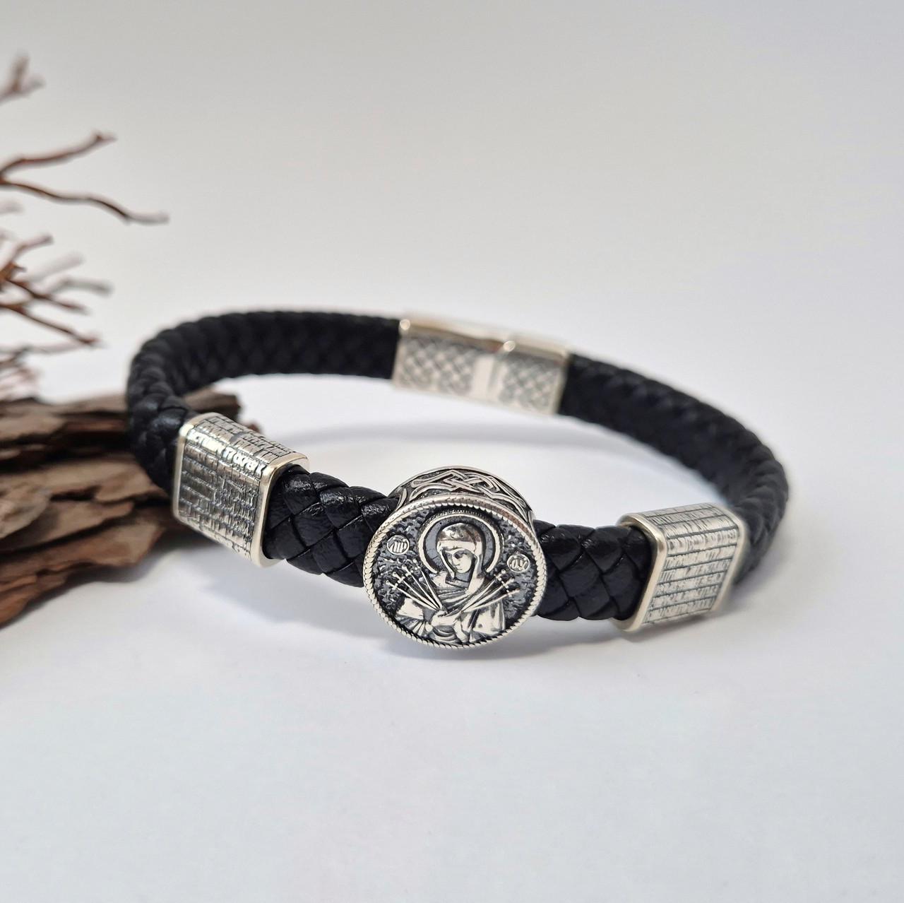 Браслет кожаный широкий семистрельная богородица с молитвой серебро 925 пробы черненное 21 см (75331)