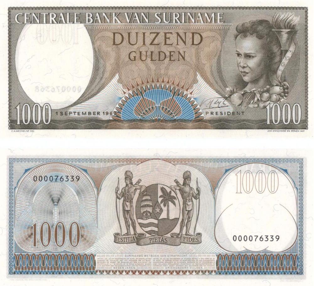 Коллекционная банкнота Суринам 1000 гульденов 1963 UNC P124 (Б08549)