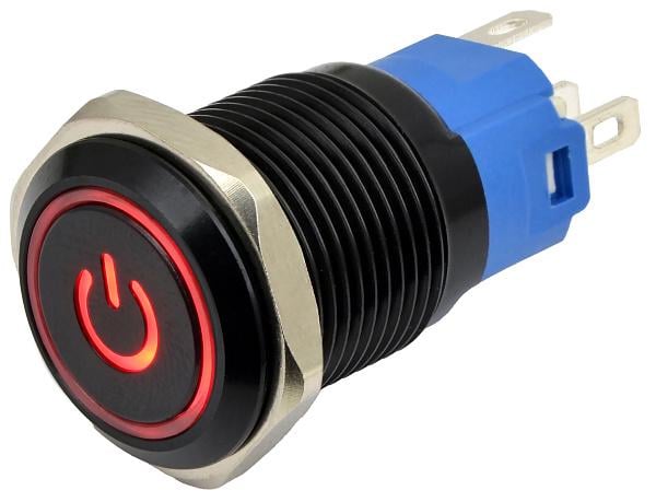 Кнопка металлическая АСКО TYD 16 1CO 16 мм 5A с подсветкой красный LED 230V с фиксацией Черный (A0140010300)