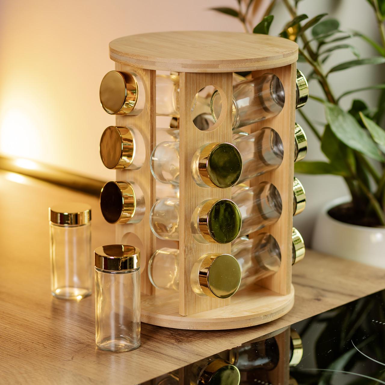 Набор для специй на деревянной подставке 16 стеклянных приправных емкостей (HP-1367)