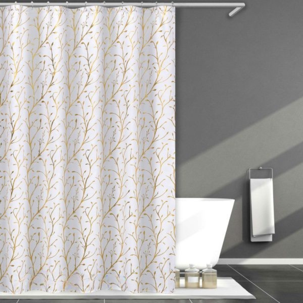 Набор шторка для ванной и душа из полиэстера с металлическими крючками с золотистым узором 180x180 см Белый