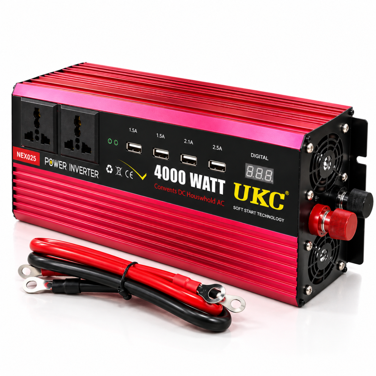 Інвертор перетворювач напруги UKC 4000 Вт з USB роз'ємами та 3 розетками 12В-220В Червоний (KC-2349)