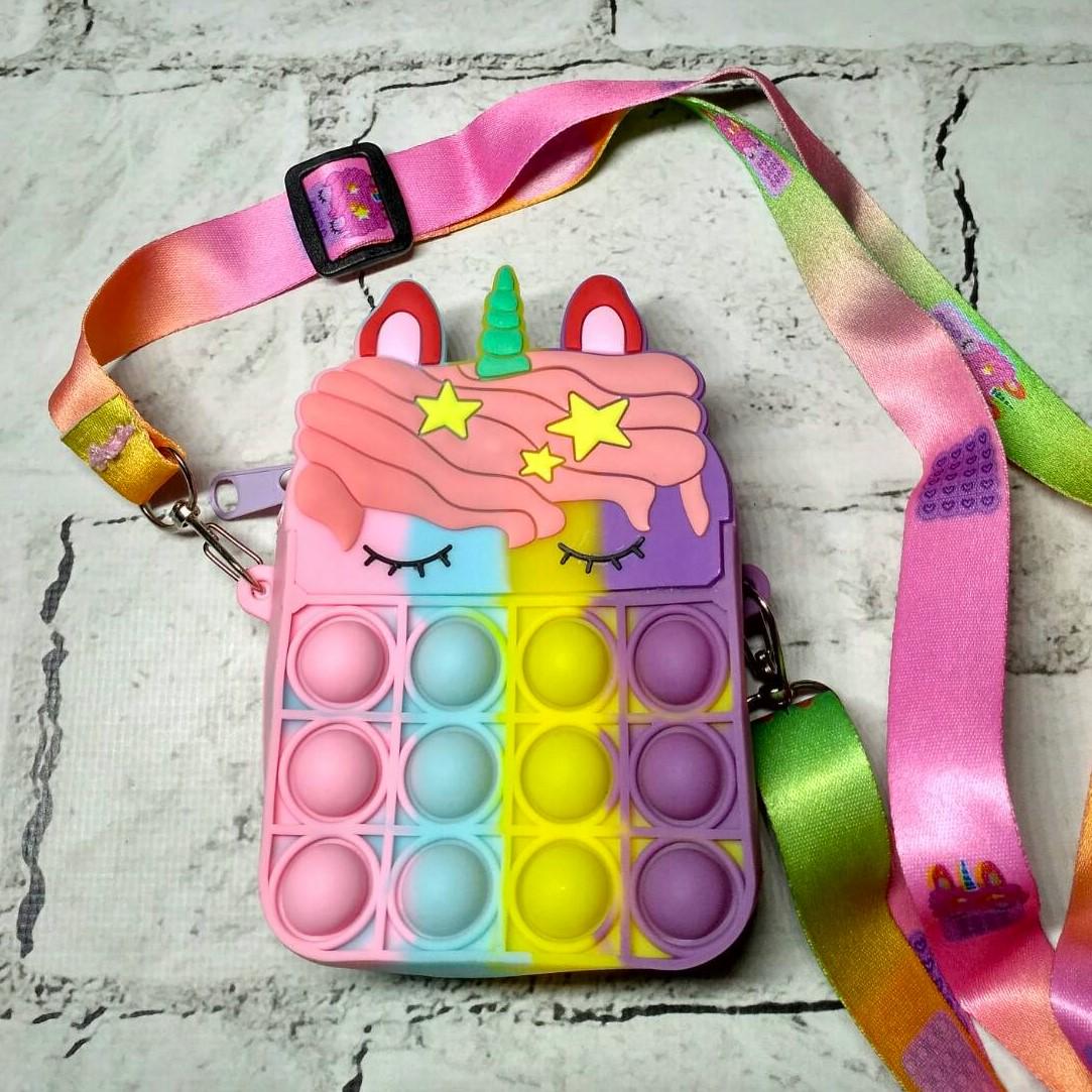 Сумочка детская для девочки Поп Ит Единорог силиконовая с ремешком 11х8х3,5 см Разноцветный (8967-6)