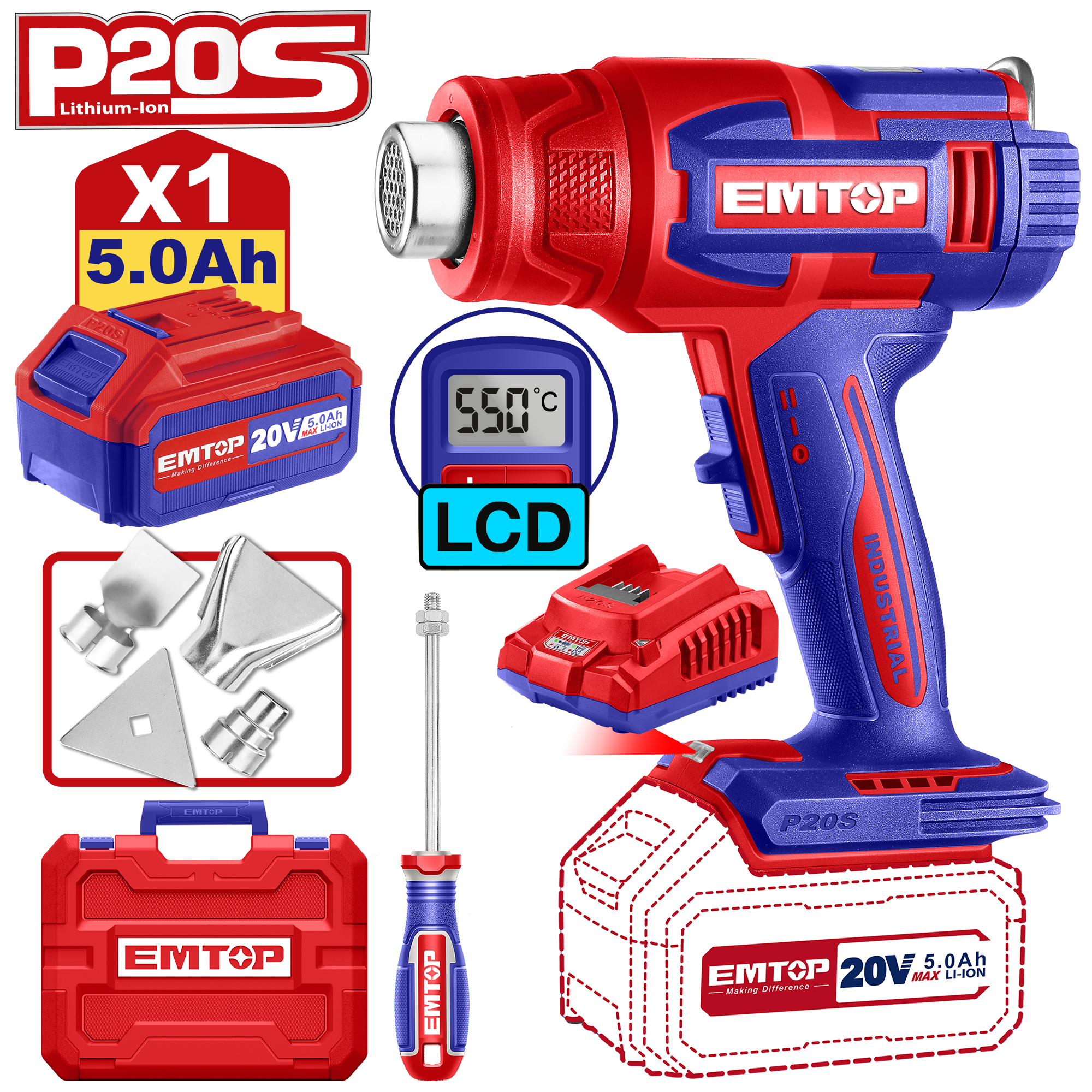 Фен будівельний акумуляторний EMTOP EHGN200315 - фото 2 Фен будівельний акумуляторний EMTOP EHGN200315 - фото 2