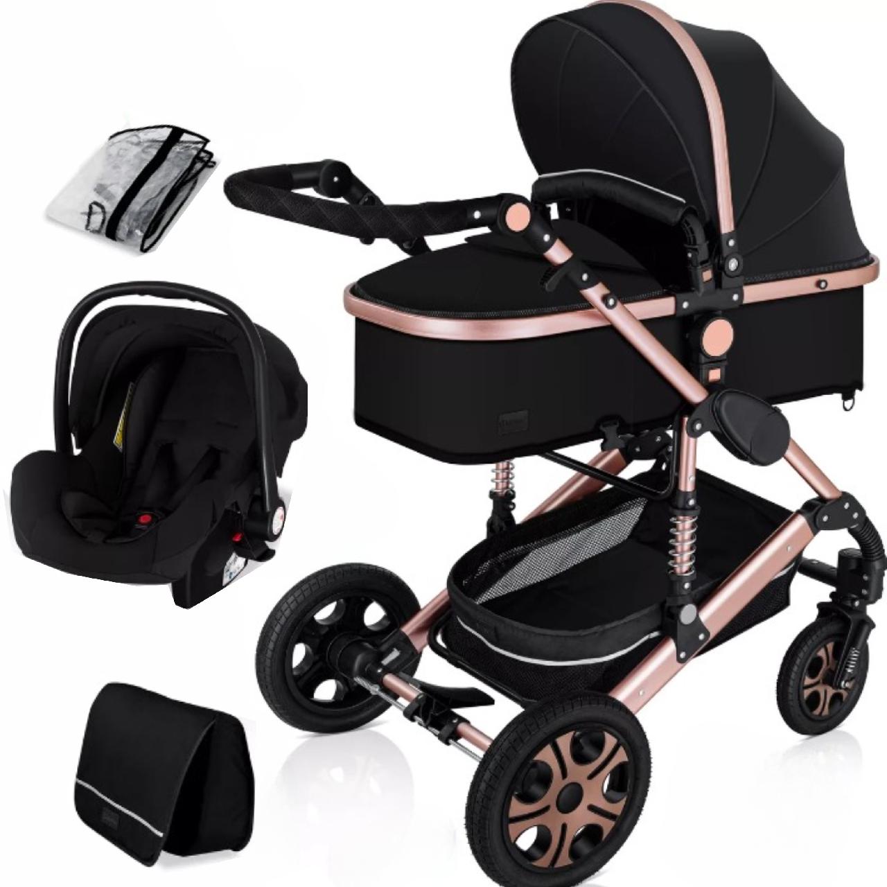 Коляска дитяча з автокріслом KESSER 3в1 94x64x119 см Чорний/Золотистий/Рожевий