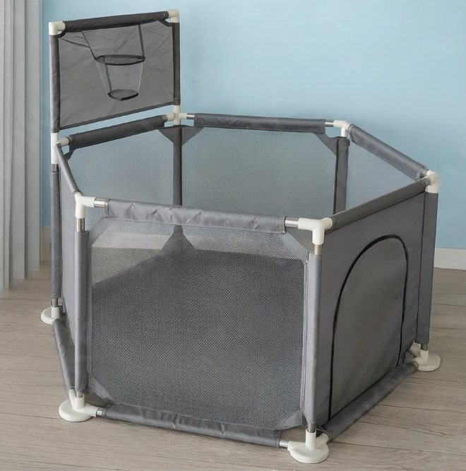 Дитячий ігровий манеж-огорожа з баскетбольним кошиком і кишенею для іграшок 125х113х64 см Сірий (Е500282)