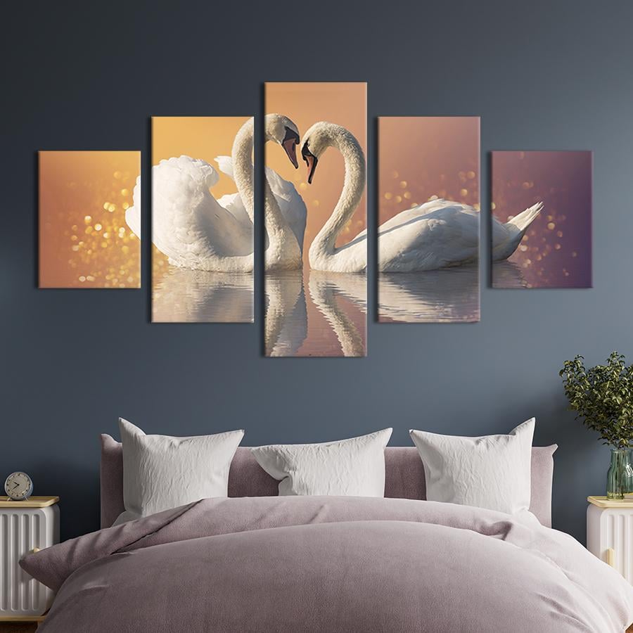 Модульная картина из 5 частей на холсте интерьерная картина Волшебная пара лебедей  187x94 см (212-52)