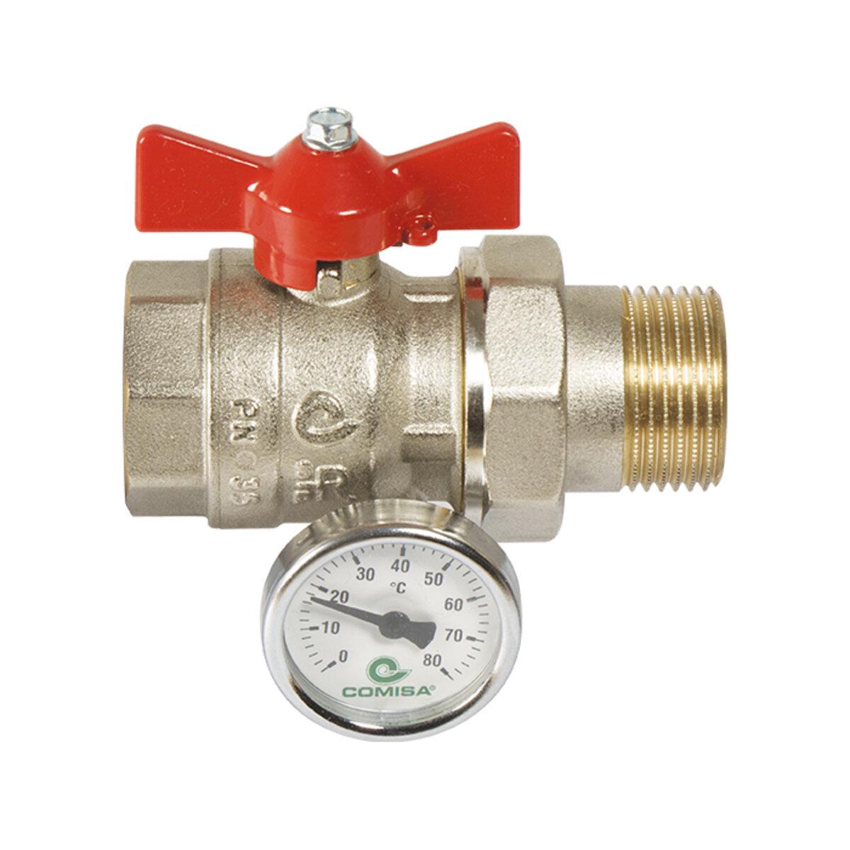 Кран шаровой угловой COMISA ЗВ с термометром 1" (41.31.809)