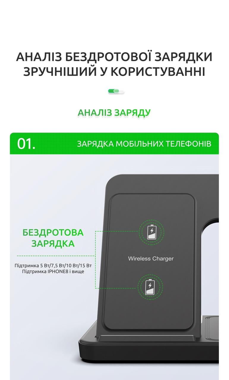 Док-станція бездротова складана QINETIQ T288 3в1 23W для Apple Iphone Apple watch Airpods (2291001146) - фото 6