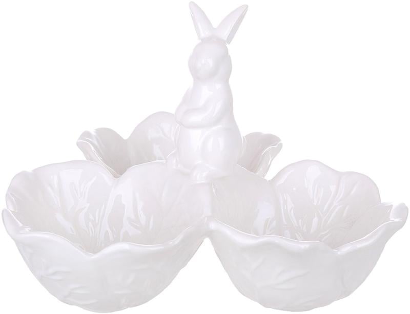 Менажница керамическая Зайка на капусте на 3 секции 20,5 см Белый