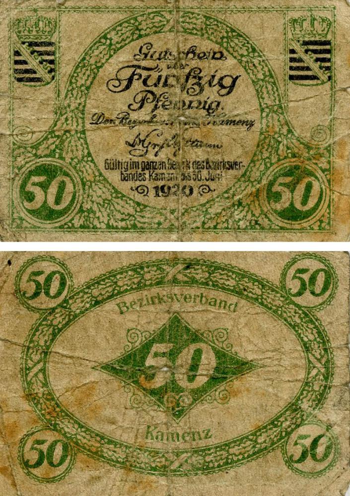 Коллекционная банкнота Германия Нотгельд 50 пфеннигов 1920 G-VG Каменц (Б18642)