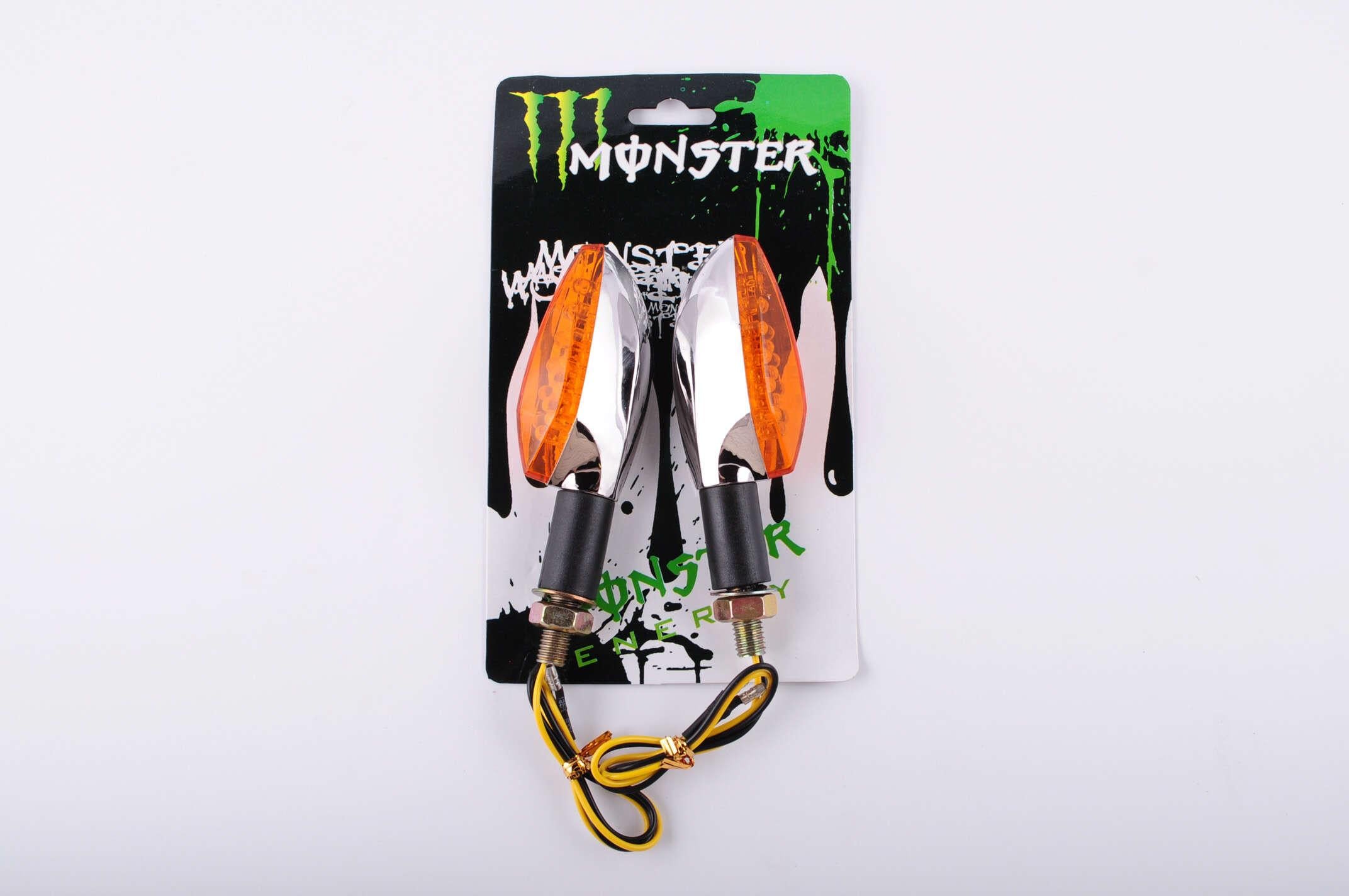 Повороты светодиодные пара стреловидные серебристые желтое стекло 11 д. MONSTER ENERGY (O-934)