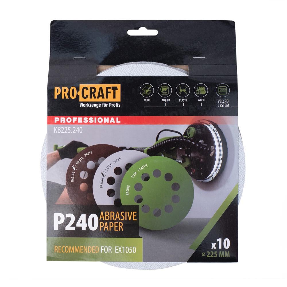 Круг шлифовальный самозацепной Procraft KB225 P240 для шлифмашин EX1050/EX1050K/EX750 225 мм 10 отверстий 10 шт.