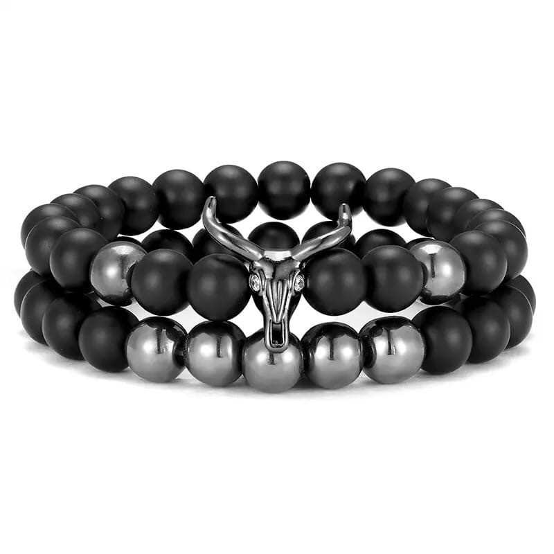 Комплект браслетів із шунгіту та гематиту з чорною антилопою р. 21 (12024)