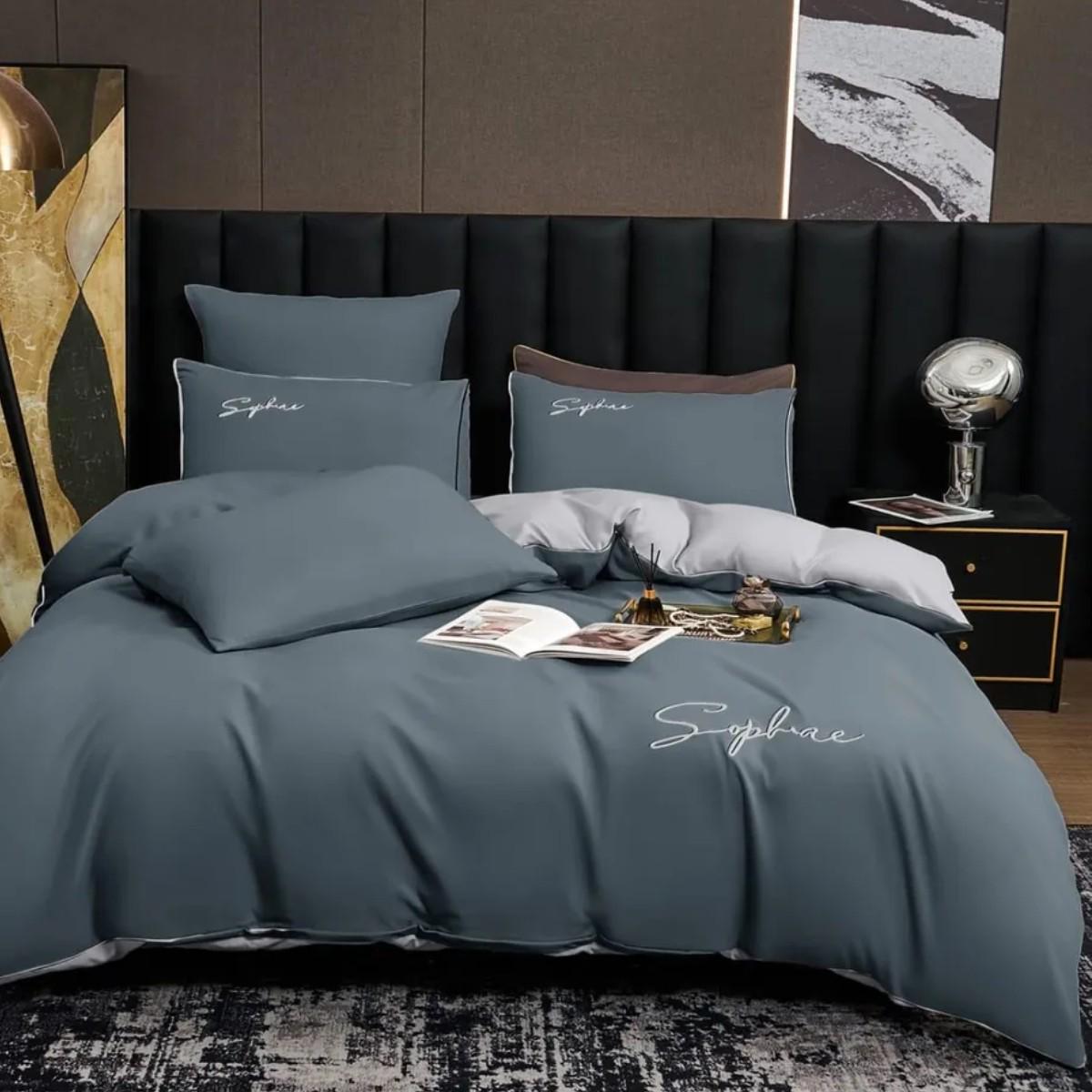 Комплект постельного белья Koloco Sophae сатин двуспальное Серо-синий (42547) - фото 1 Комплект постельного белья Koloco Sophae сатин двуспальное Серо-синий (42547) - фото 1