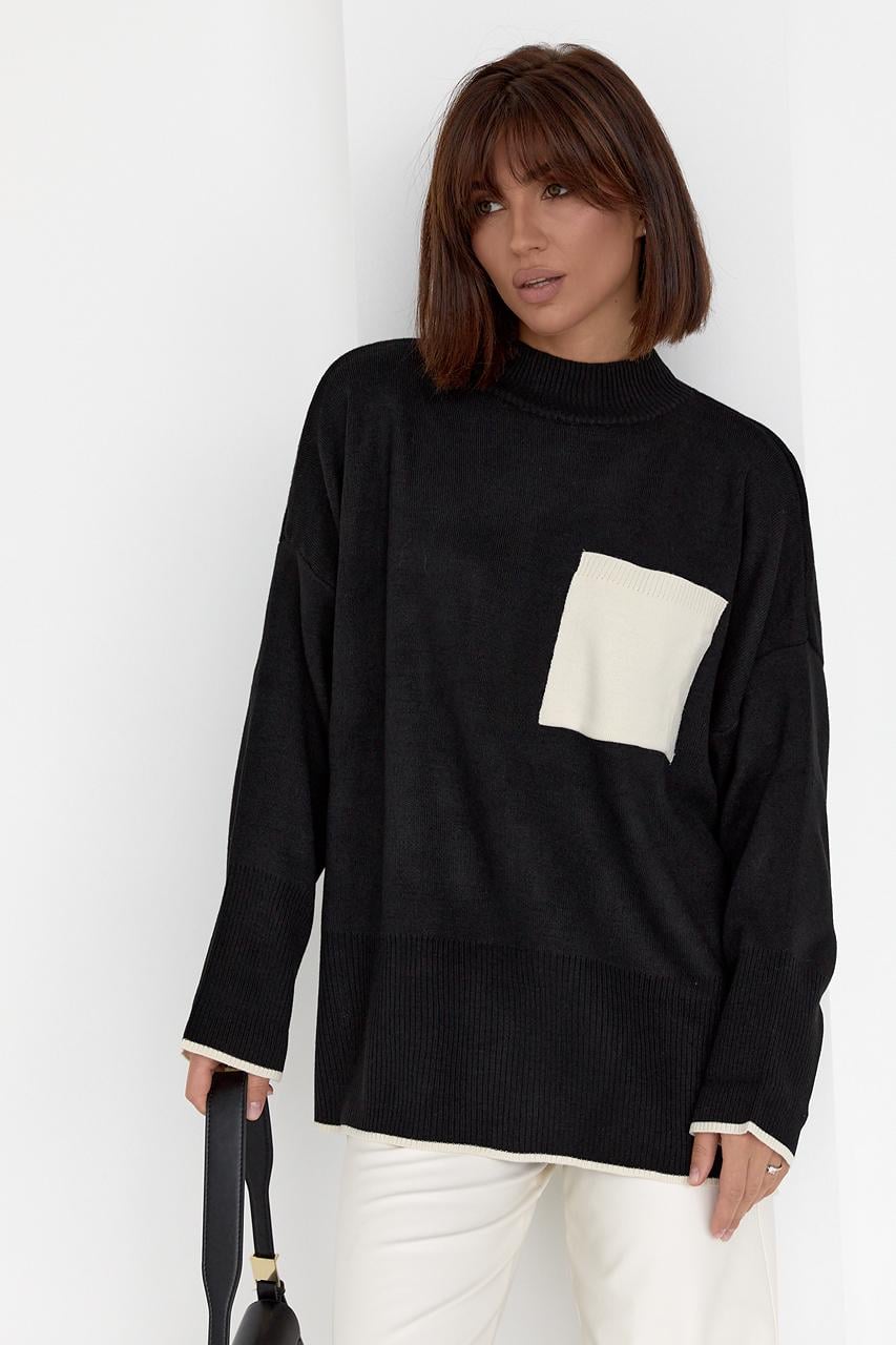 Кофта женская oversize с карманом на груди L Черный (L-21049-Черный) Кофта женская oversize с карманом на груди L Черный (L-21049-Черный)
