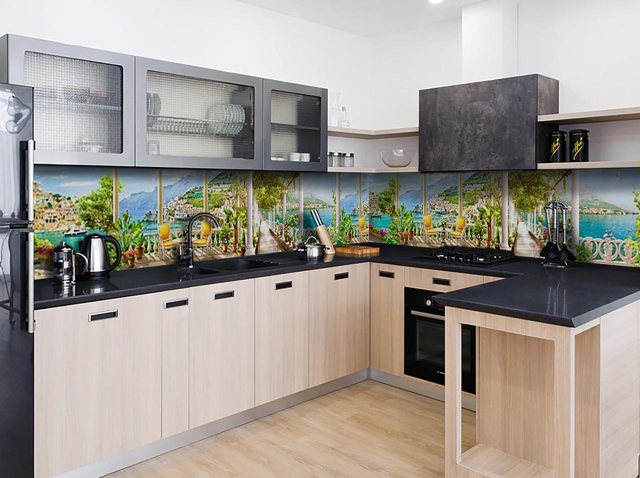 Кухонный фартук Курортная променада город горы из самоклеющейся виниловой пленки 65х250 см Зеленый Кухонный фартук Курортная променада город горы из самоклеющейся виниловой пленки 65х250 см Зеленый