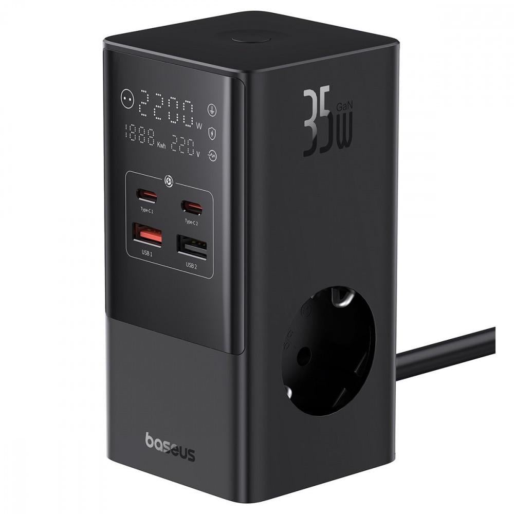 Мережевий фільтр BASEUS Power Combo Tower Digital 3хAC+2хUSB+2хType-C 35 W 1,5 м Black
