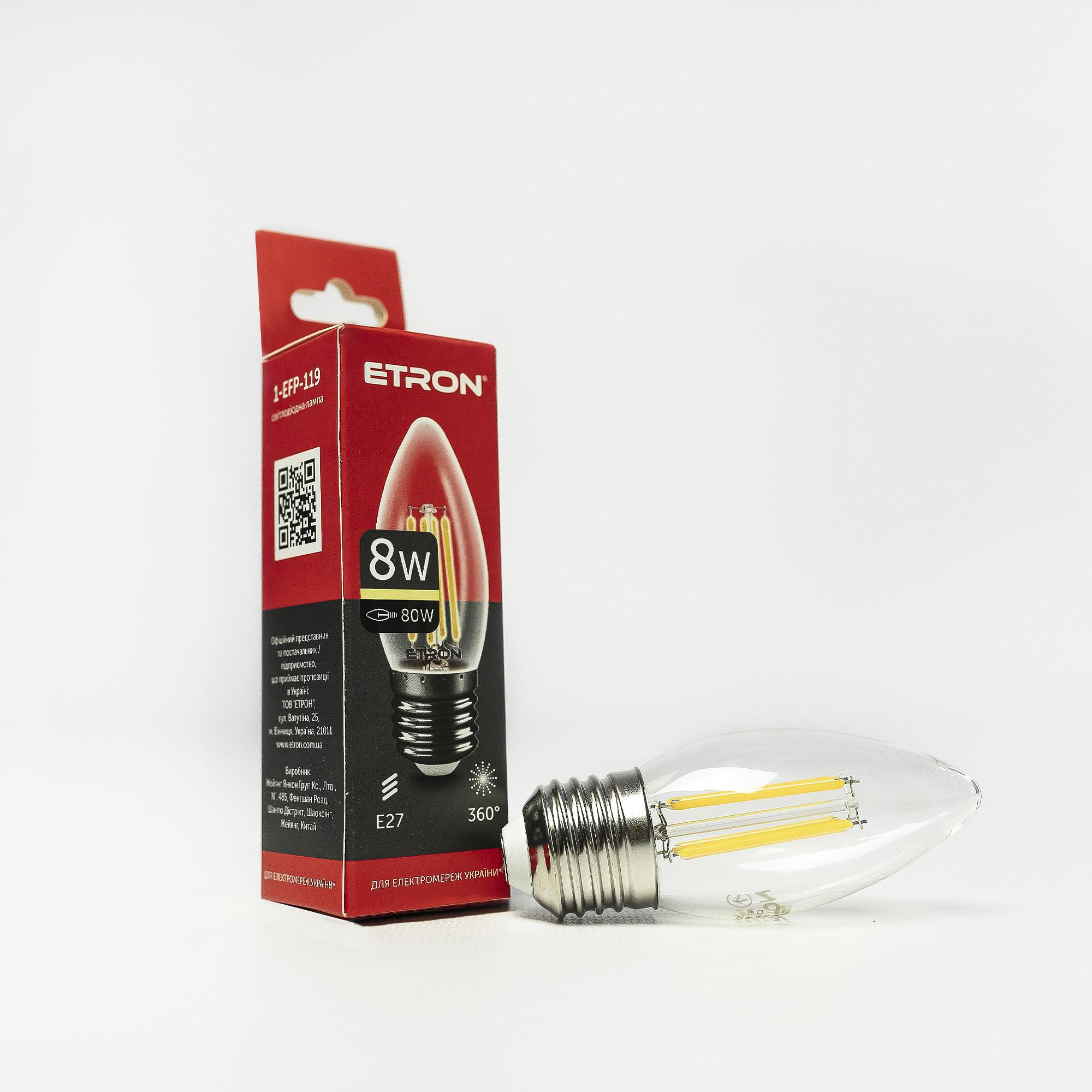 Лампа LED ETRON Filament С37 E27 8W 3000K прозрачное стекло (1-EFP-119)