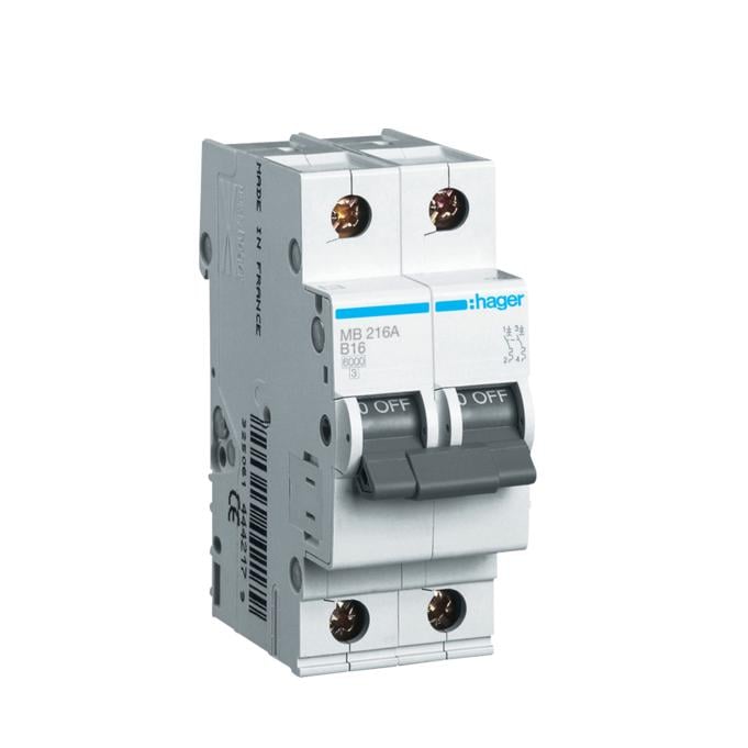 Автоматичний вимикач Hager 2P 16A B 6 kA MB216A 2M