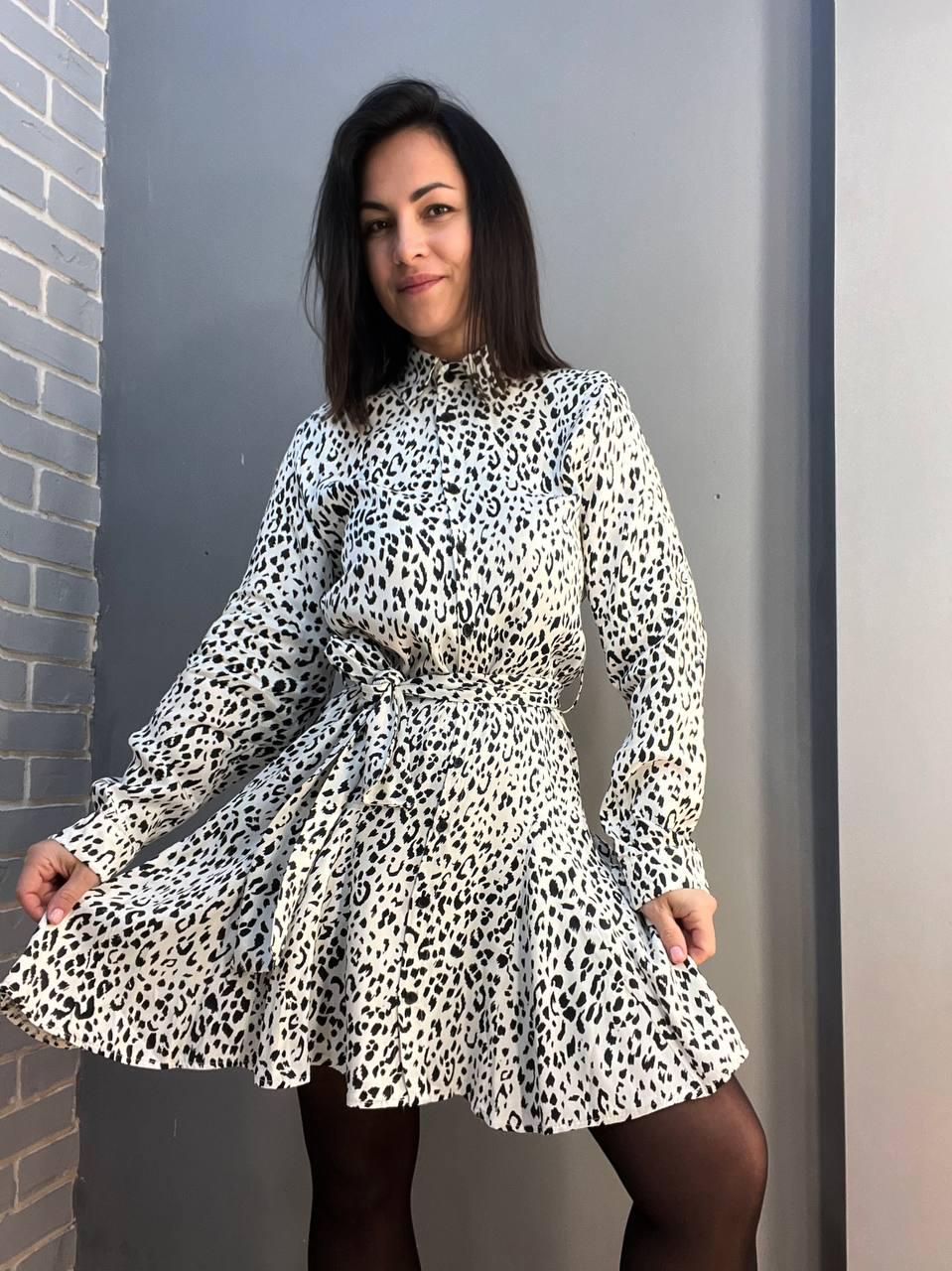 Платье женское MIX RAY 4219 леопардовый принт короткое на пуговицах с поясом S Белый (1416) - фото 6 Платье женское MIX RAY 4219 леопардовый принт короткое на пуговицах с поясом S Белый (1416) - фото 6