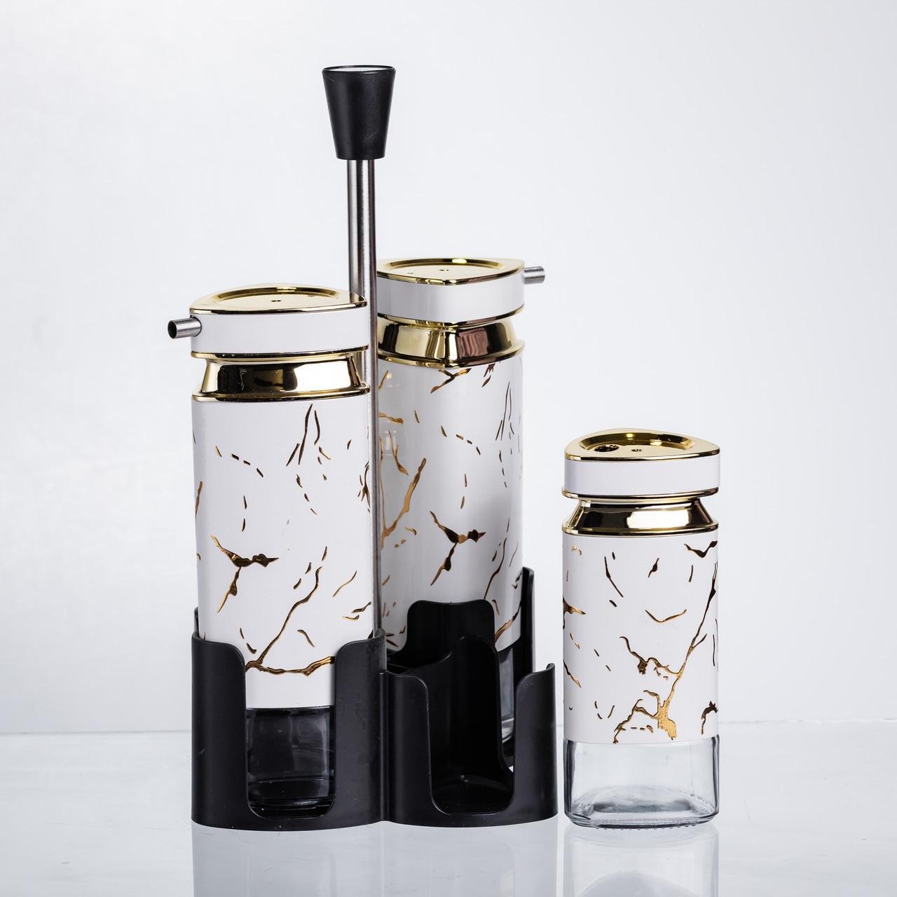 Набір баночок для спецій і рідких текстур на підставці 4 предмети Білий мармур (HP-1331) - фото 4 Набір баночок для спецій і рідких текстур на підставці 4 предмети Білий мармур (HP-1331) - фото 4