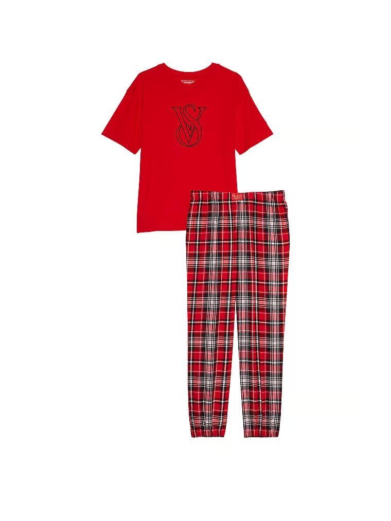 Пижама фланелевая Victoria's Secret Cotton & Flannel Tee-jama Set XS Regular Красный (15319706) - фото 4